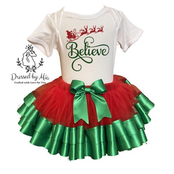 Believe in Santa Tutu Outfit, Christmas Tutu Set, Believe Shirt and Tutu, Santa and Reindeer Tutu Outfit, Girls Holiday Tutu Gift Outfit