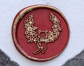 Floral cat wax seal atamp, Custom wax Seal Kit, kitty wax stamp, sealing wax stamp