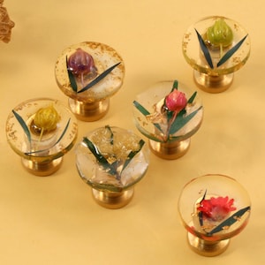 May include: A collection of decorative cabinet knobs with clear resin tops, each containing a dried flower and gold leaf accents. The knobs have brass bases and come in various colors, including pink, yellow, and purple.