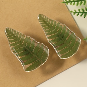 Op de afbeelding: Twee heldere hars oorbellen, elk met een groen varenblad. De oorbellen liggen op een bruine achtergrond met een takje groene varen rechtsboven. De oorbellen hebben een natuurlijke, organische uitstraling.