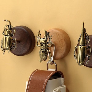 Beetle brass retro Wooden base Coat Hooks,  Hand Carved Wood Brass Coat Hooks, Boho Home Decor, Rustic Wall Pegs,Beetle Wall Hooks