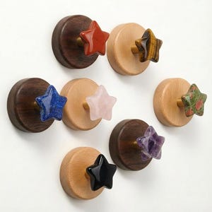 Natural star Crystal Gemstone Hooks,  Agate Lapis Quartz Amethyst Jade Wood Brass Coat Hooks, Boho Home Decor, Rustic Wall Pegs