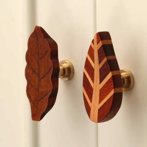 Può includere: Due pomelli per armadietto a forma di foglia, ciascuno fissato a una base circolare in ottone. Il pomello sinistro è intagliato in un unico pezzo di legno marrone scuro con venature incise. Il pomello destro presenta un motivo a intarsio ligneo.