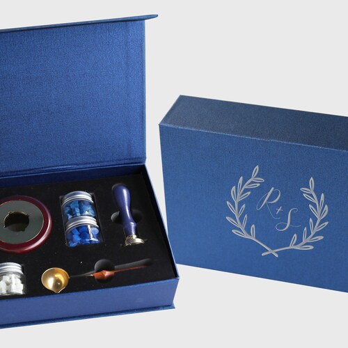 Premium blue Stove Box Wax seal kit, Custom wax Seal Stamp, Wedding Invitation Seal Stamp, wax stamp kit