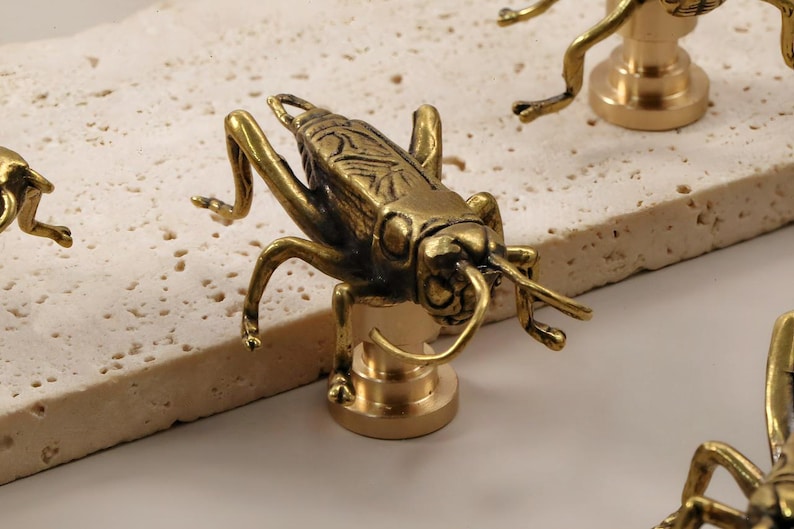 May include: Several brass cricket figurines are displayed. The detailed insects are positioned on a light-coloured, textured surface. The crickets have intricate designs on their backs and are mounted on round bases.