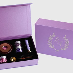 Kit de sello de cera de caja de estufa púrpura premium, sello de sello de cera personalizado, sello de invitación de boda, kit de sello de cera