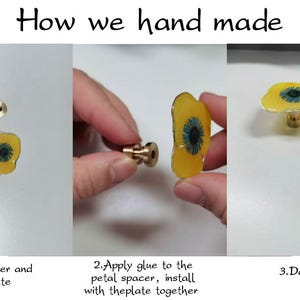 May include: A sequence of images demonstrating the handmade assembly of a decorative knob. The process involves a yellow petal-shaped component with a blue center, a brass knob plate, and the text "How we hand made".
