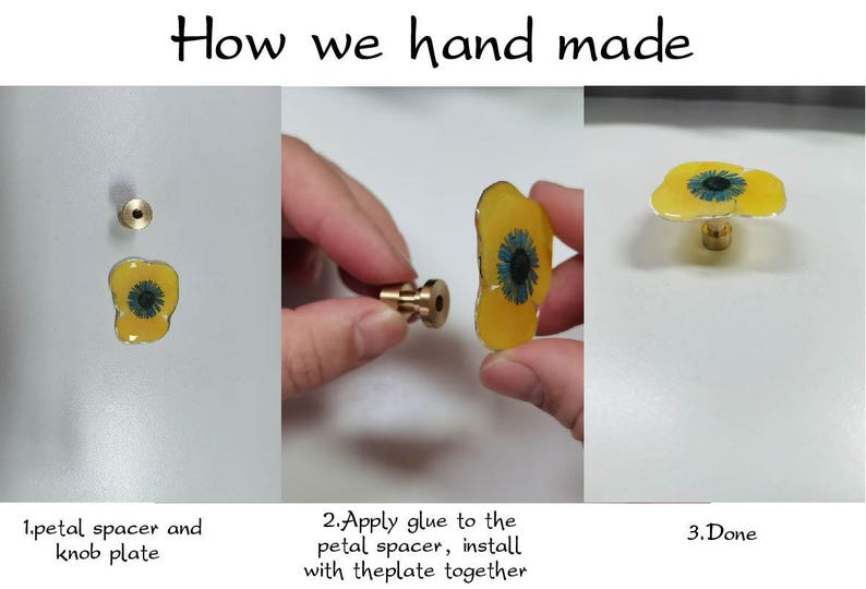 May include: A sequence of images demonstrating the handmade assembly of a decorative knob. The process involves a yellow petal-shaped component with a blue center, a brass knob plate, and the text "How we hand made".