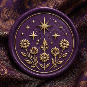 Op de afbeelding: Een cirkelvormig waszegel met een dieppaarse basis en verhoogde goudkleurige details. Het ontwerp toont een centrale compositie van drie gestileerde bloemen met bladeren, bekroond door een grote achtpuntige ster met kleinere sterren.