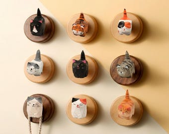 Retro träkrokar för katt, handsnidade träkrokar i mässing, bohemisk heminredning, rustika väggkrokar, väggkrokar för katt