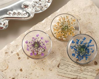 Resin flower drawer knob, dried flower silver edged round cabinet knob, unique knob, decorative flower cupboard knob,dried flower brass knob