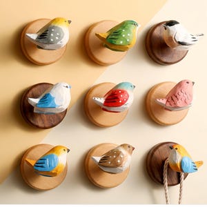Retro Wooden Coat Hooks,  Hand Carved Wood Brass Coat Hooks, Boho Home Decor, Rustic Wall Pegs,Bird Wall Hooks