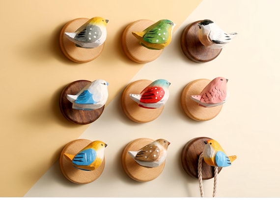 Retro Wooden Coat Hooks,  Hand Carved Wood Brass Coat Hooks, Boho Home Decor, Rustic Wall Pegs,Bird Wall Hooks