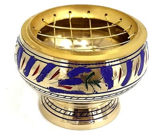 Incense Charcoal Burner on Stand BRASS BLUE ETCHED 6cm. Brass Incense burner