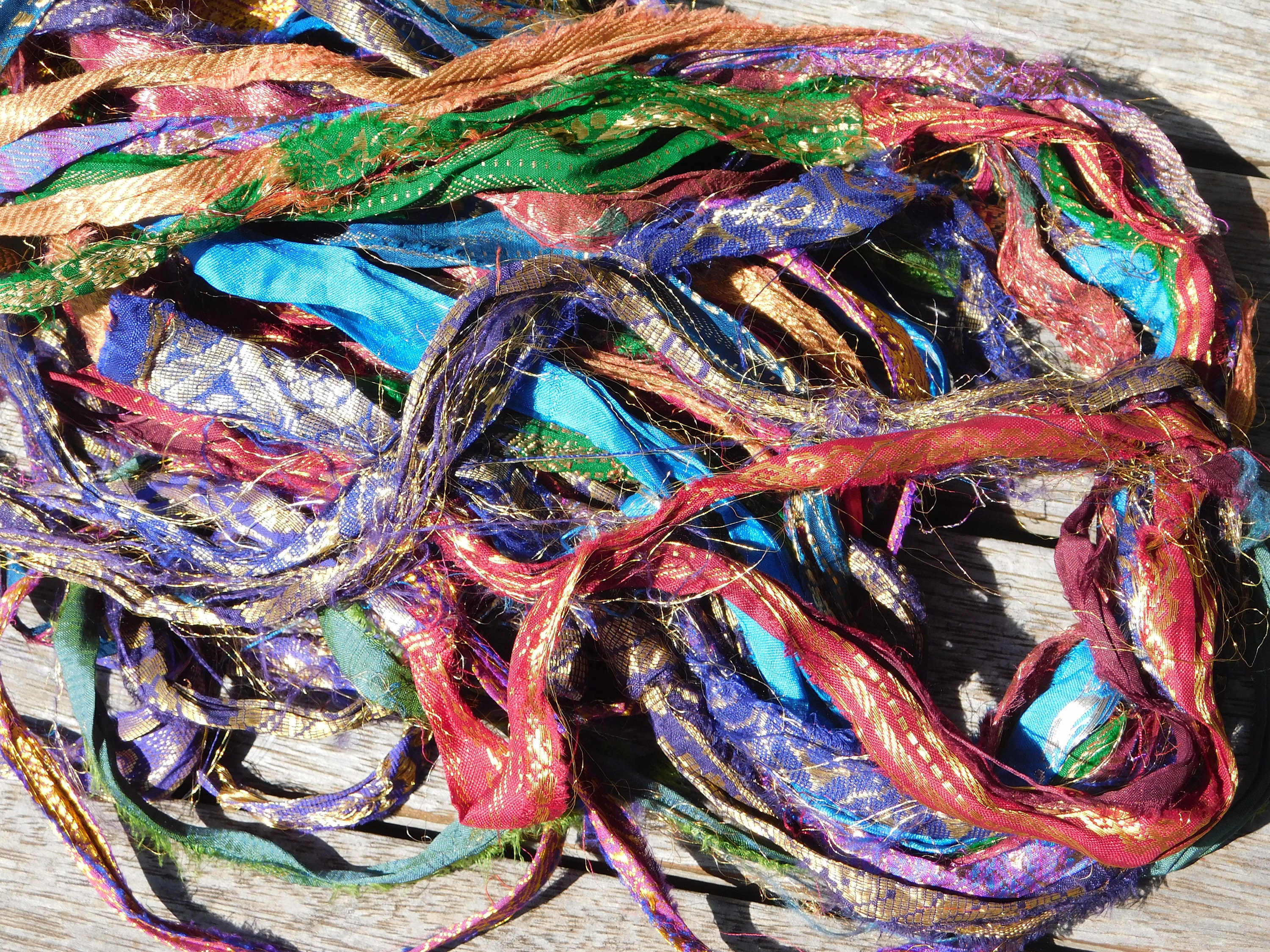 Recycled sari silk gift wrap ribbon ties - bag of 8 mixed colour ribbons  with stitched edge 90cm (3') long x 2cm (3/4) wide