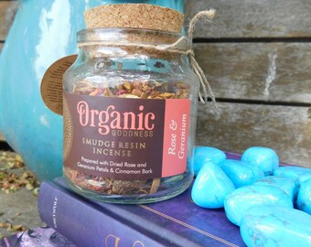 Organic Goodness Smudge Resin  ROSE GERANIUM 80g Jar. Jar of smudging Incense 80G