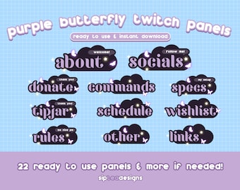 Purple Butterfly Twitch Panels | 22 Panels (can provide more!) | Clouds, Stars, Butterfly, Sparkle, Cute, Anime, Glow | Instant Download |