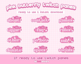 Pink Butterfly Twitch Panels | 27 Panels (can provide more!) | Clouds, Stars, Butterfly, Sparkle, Cute, Anime, Glow | Instant Download