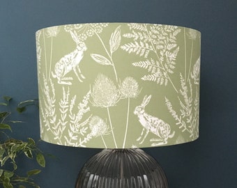 Kielder Hare - Woodland Animal Lampshade - Sage Green - Wildlife Drum Pendant Lightshade - Timeless Home Décor - Country Countryside Theme.