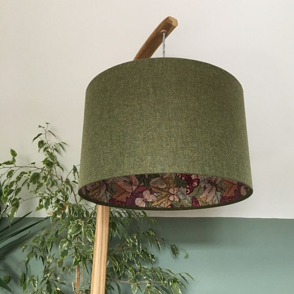 Botanist - Botanical Lampshade - Tussock Green Tweed - Purple Butterfly Pattern Lined -  Drum Pendant Lightshade - Country Farmhouse Décor.