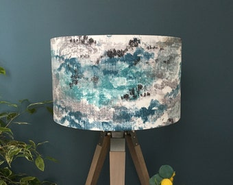 Kumo - Abstract Patterned Lampshade - Teal Blue & White - Seascape Drum Pendant Lightshade - Coastal Theme - Contemporary Lighting.