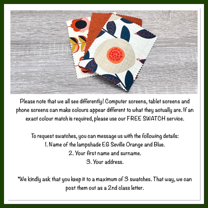 May include: Three square fabric swatches with pinked edges. One swatch features a white background with a large beige flower, orange center, and dark blue leaves. Another has a white background with orange and black floral motifs. One is solid orange.