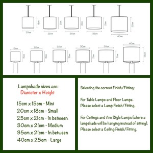 May include: A technical diagram showing various cylindrical lampshade sizes with diameters and heights labeled in centimeters. The text lists sizes from 15cm x 15cm to 40cm x 25cm and provides instructions for selecting finishes for table, floor, and ceiling lamps.