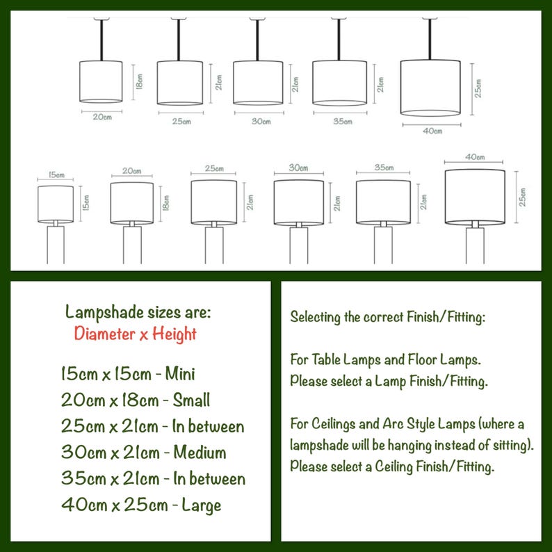 May include: A technical diagram showing various cylindrical lampshade sizes with diameters and heights labeled in centimeters. The text lists sizes from 15cm x 15cm to 40cm x 25cm and provides instructions for selecting finishes for table, floor, and ceiling lamps.
