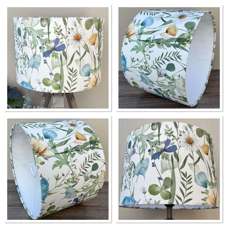 Four images of a white lampshade with a floral pattern. The pattern includes green leaves, blue flowers, yellow flowers. The lampshade is shown from different angles.