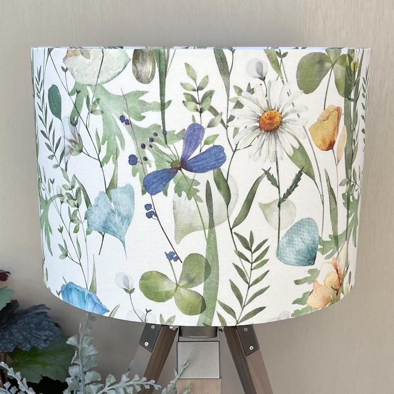 Blue and green lampshade with flowers on a table lamp