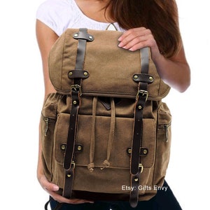 13x18 Four Leather Straps and Buckles Design Large Military Canvas Rucksack Outdoor Travel Backpack