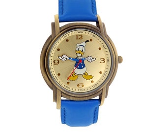 Disney Donald Duck Gold Tone & Blue PU Leather Band Classic Moving Hands Wrist Watch - DD013