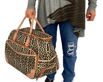 22x12 PVC Rolling Duffel Handbag & Wheeled Luggage Travel Carry On Suitcase with Wheels Weekender Overnight Luggage Bag Faux Cheetah Print