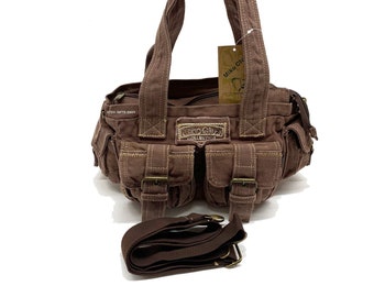 Small 12 Inches Width Brown Canvas MIKO Club Top Handles Adjustable Shoulder Strap Fashion Duffel Handbag
