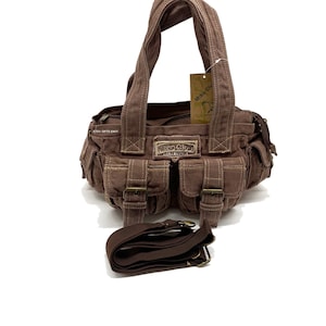 Small 12 Inches Width Brown Canvas MIKO Club Top Handles Adjustable Shoulder Strap Fashion Duffel Handbag