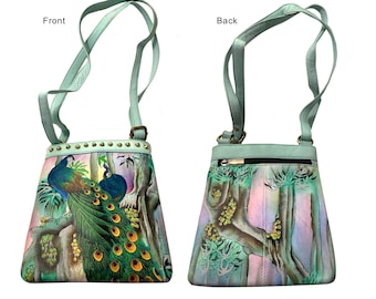 8x9 Genuine Leather Peacock and Floral Painting Small Shoulder Cross Body Purse for Ladies