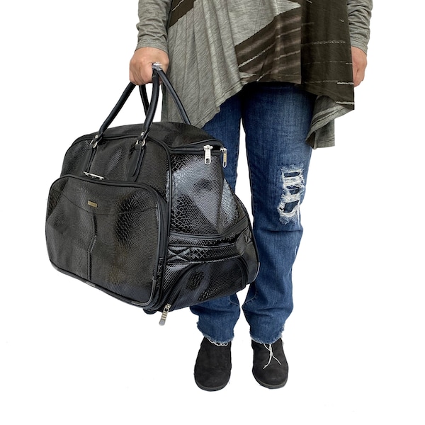 22x12 Weekender Overnight Luggage Bag Travel Carry On Suitcase with Wheels Black Faux Snakeskin Rolling Duffel Handbag & Wheeled Luggage Bag