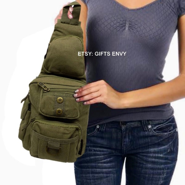 Canvas Cross Body Sling Bag 5-Front-Layers of Pocket Compartments Uni Sex Shoulder Adjustable Backpack Bag