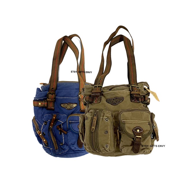 12x8 Brown Green Canvas MIKE CLUB Military Inspired Design Fashion Small Messenger Handbag