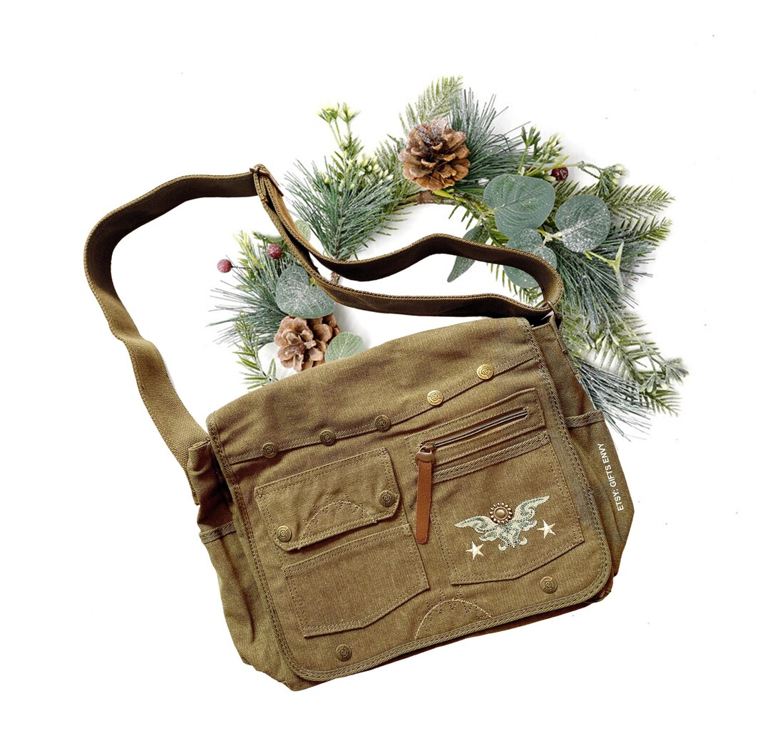 15x12 Brown Canvas Messenger Bag 2 Pockets Front Wings and Stars Embroidered With Gold Buttons