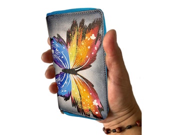 Genuine Blue Leather Double Zipper Butterfly Painting Wallet