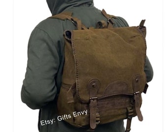 14X15 Brown Canvas Messenger Backpack Uni-Sex Two Button Buckle Strap Flap Back to School Travel Bag