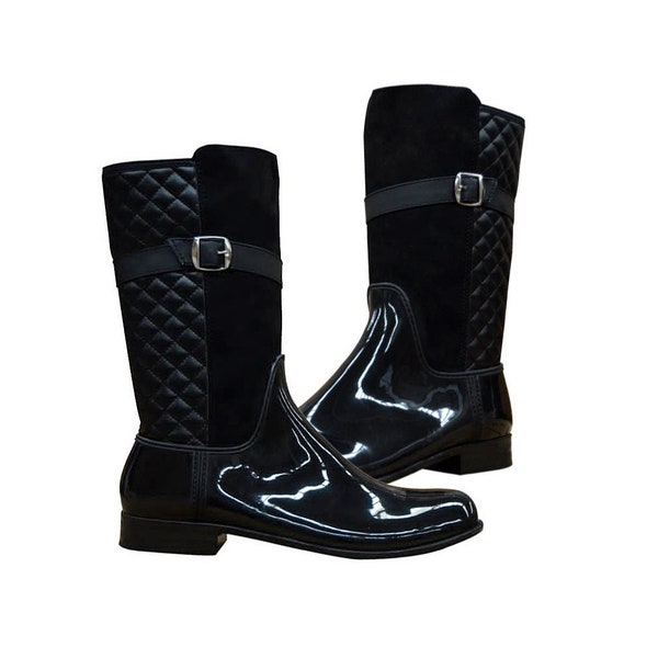 Women Rain Boots Greenbox Official Diamond Stitched Accent Fashion Rain Heel Boots
