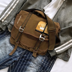 14x11 Brown Canvas Double G Buckle Straps School Laptop Messenger Bag Uni Sex Cross Body Messenger Bag Canvas Travel Messenger Bag Gifts