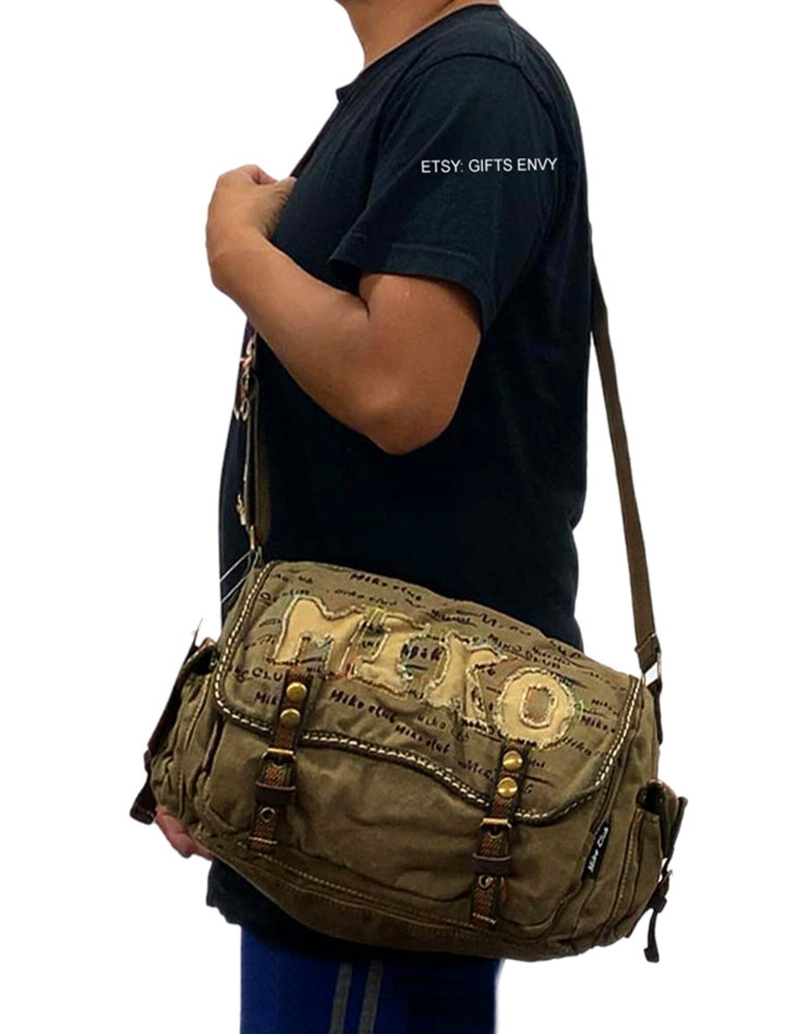 15x9 Green Canvas Messenger Duffel Bag With Cut Out Fabric Etsy