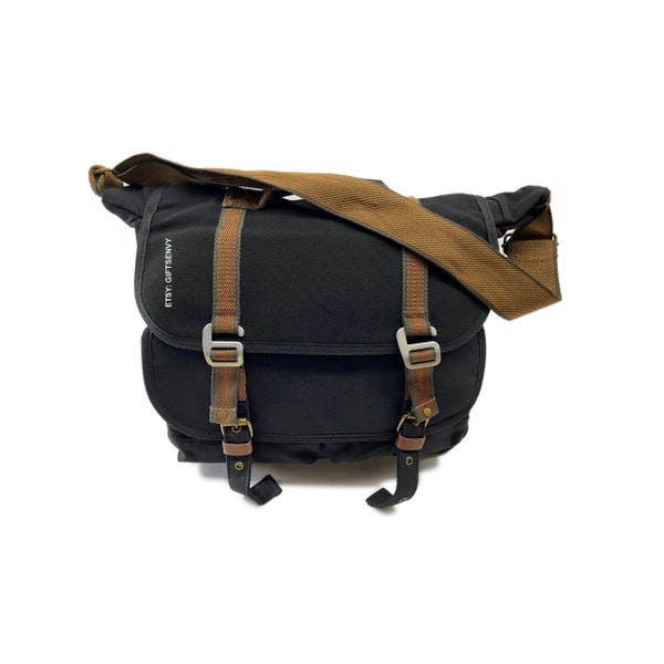 14x11 Black Canvas Double G Buckle Straps Uni Sex School Laptop Messenger Bag Travel Messenger Bag Canvas Crossbody Bag Gift