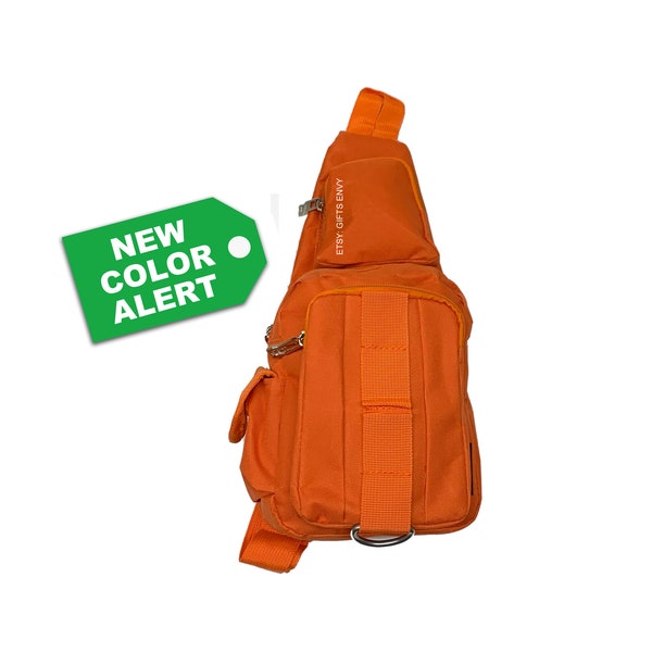 Orange Canvas Cross Body Sling Bag 3-Front-Layers of Zip Compartments, Buckle Ring, Uni Sex Shoulder Sling Pack Bag