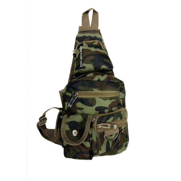 Camouflage Canvas Travel Outdoor Cross Body Sling Bag with Various Size 5-Front Pockets Uni Sex Shoulder Pack Backpack Bag