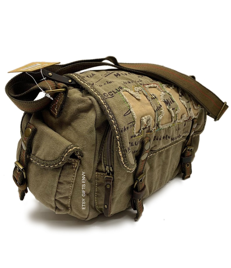 15x9 Green Canvas Messenger Duffel Bag With Cut Out Fabric Etsy