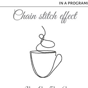 May include: A line drawing of a coffee cup with steam rising from it. The text "Chain stitch effect" and "3', 4', 5', 6'" are below the image. The text "MACHINEEMBROIDERYUA1" is at the bottom of the image.
